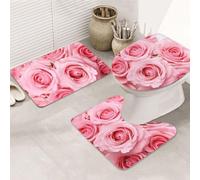 3 Juegos de Almohadillas,Rosas Frescas Rosadas Absorbente Alfombra de Contorno Suave Inodoro Estera para Sala de Estar Bañera Dormitorio