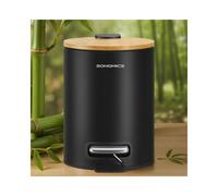 SONGMICS Papelera Pequeña, Cubo de Basura con Tapa de Bambú, Pedal de Metal, Cubo Interior Extraíble, Cierre Suave, para Baño, 3 L, Negro Tinta LTB113BZ01