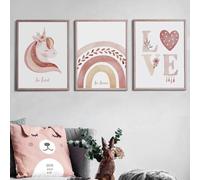 3 Laminas Animales Bebe Rosa 30X40CM Poster Infantiles Para Habitacion Unicornio Arcoiris Love Cuadros Niña Habitacion Lienzo Infantil Niña sin Marco
