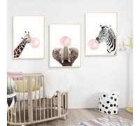 3 Laminas Animales Chicle Rosa Jirafa Elefante Cebra Cuadros Decoracion Pared Dormitorio Niño 30x40 Poster Habitacion Infantil Colores Impresiones en Lienzo Bebe Regalo SIN MARCO