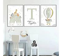 3 Laminas Animales Infantil Arco Iris Globo Aerostático Poster Nombre Bebe Boho Verde 30 x 40 León Jirafa Elefante Cuadro Personalizado Niño Niña Decoración Pared Regalo sin Marco (YHH018-30x40cm)