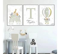 3 Laminas Animales Infantil Arco Iris Globo Aerostático Poster Nombre Bebe Boho Verde 50 x 70 León Jirafa Elefante Cuadro Personalizado Niño Niña Decoración Pared Regalo sin Marco (YHH018-50x70cm)