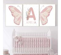 3 Láminas Infantiles Niña 30x40 Cuadros Decoracion Habitacion Bebe Niña Cuadros Nombres Personalizados Niñas Rosa Mariposas Poster Laminas Infantiles con Inicial Lienzo Regalo sin Marco