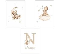 3 Laminas Infantiles Nombre Poster Oso Beige Cuadro Personalizado Bebe Estrellas Nube Luna Laminas Decorativas Pared Habitacion Bebé Niño Regalo Lienzo sin Marco (BYPT12-50x70)