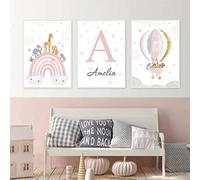 3 Laminas Infantiles para Habitacion Niña Nombre Cuadro Infantil Arcoiris Globo Aerostático Animales Póster Habitación Bebe Niña Rosa 30x40 Lienzo Personalizado Pared Art Deco Niño Regalo sin Marco