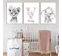 3 Laminas Nombre Bebe Cuadro Personalizado Infantil Poster Habitacion Niña Niño Lienzo Animales Leon Elefante Rosa Gris Decoracion Dormitorio Pared Regalo Lienzo A3 sin Marco