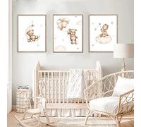 3 Laminas Oso 30 x 40 cm Cuadros Habitacion Bebe Niño Poster Nubes Lámina Decorativa Luna Lienzo Infantil Niña Regalos Infantiles sin Marco