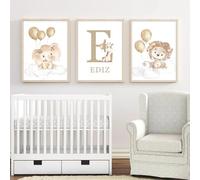 3 Laminas Personalizadas Nombre Bebé León Elefante Globo Nube Cuadro Blanco y Dorado Beige Infantil Animales Decoración Pared Dormitorio Poster Habitacion Niño Regalo Lienzo 30 x 40 cm Sin Marco