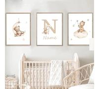 3 Laminas Personalizadas Nombre Bebé Oso Estrellas Nube Luna Cuadro Tonos Marrones Animales Decoración Pared Dormitorio Niño Beige Poster Habitacion Infantil Regalo Lienzo 30 x 40 cm Sin Marco