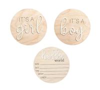 3 letreros de anuncio de recién nacido, con texto en inglés "It's A Boy Its A Girl Hello World", letrero redondo de madera para revelación de género, letrero de bienvenida, nombre de bebé para