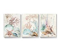 3 lienzos costeros sin marco para pared, diseño de concha, estrella de mar, coral, caracola, acuarela, arte para decoración de pared, obras de arte para baño, cocina, dormitorio, sala de estar, 8 x 12