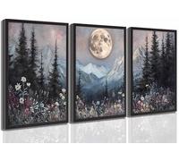 3 lienzos de bosque de luna llena, arte de pared, bosque oscuro, montañas de pinos iluminados por la luna, flores silvestres, decoración de pared de flores silvestres, póster impreso para decoración
