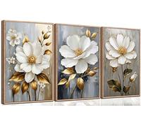 3 lienzos de flores blancas con hojas doradas, arte de pared moderno de plantas y flores, cuadros de decoración de flores neutrales, pósteres para sala de estar, baño, dormitorio, decoración sin marco