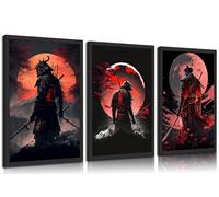 3 lienzos de samurái japonés, arte de pared, pósteres japoneses de Bushido, pinturas de estilo japonés, luna llena, ninja, decoración de pared para sala de estar, dormitorio, decoración de arte del