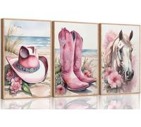 3 lienzos de vaquera costera sin marco, decoración de habitación de niña occidental, botas de flores rosas, sombrero, imágenes de caballo, cuadros de moda, impresiones de acuarela para dormitorio