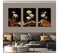 3 lienzos decorativos modernos sin marco con estampado de flores de loto en negro y dorado para sala de estar (40x60cm (16x24in) x 3 / Sin marco)