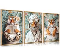 3 lienzos divertidos de tigre para baño, arte de pared, bohemio, tropical, botánico, tigre, lectura de periódicos en el inodoro, impresiones de animales en la bañera, imágenes para decoración de baño