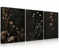 3 lienzos florales negros con diseño de flores silvestres oscuras, decoración de pared moderna minimalista botánica, cuadros grandes para sala de estar, dormitorio, oficina, sin marco, 12 x 18