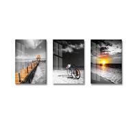 3 lienzos impresos con amanecer en la playa, cuadros de paisajes en blanco y negro, cuadros modernos para dormitorio, sala de estar y hogar, 60 x 80 cm (24 x 31 pulgadas) x 3 con marco