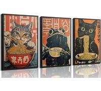 3 lienzos japoneses de gato negro comiendo ramen, arte de pared divertido de gatos y ranas, decoración de pared, vintage, lindo póster de cocina de Tokio para sala de estar, comedor, decoración del