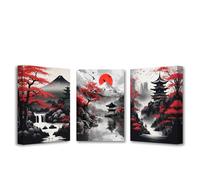 3 lienzos japoneses para pared, pintura de paisaje japonés, impresiones de cerezos rojos y negros, cuadros de edificio, sala de estar, oficina, decoración sin marco, 40,6 x 61 cm