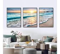 3 lienzos modernos con olas, playa y atardecer, con vistas al mar natural, pósteres e impresiones de arte de pared para decoración de sala de estar, 70 x 90 cm, sin marco.