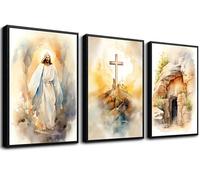 3 lienzos sin marco de Jesús para pared, historias bíblicas, decoración de pared, pintura de la resurrección de Dios, pintura de ascensión, imágenes vacías de tumba y cruz para dormitorio, sala de