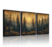 3 lienzos vintage de bosque de pinos para pared, paisaje natural, luna llena, póster de bosque, pintura de bosque brumoso, decoración de pared para sala de estar, dormitorio, oficina, sin marco, 12 x