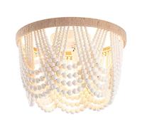3-Light Boho Wood Beaded Chandelier Oak Finish Semi Flush Mount Ceiling Light Fixture White Pendant Hanging Light for Kitchen Island Dining Room Bedroom y Household faucets