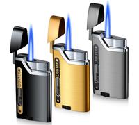 3 mecheros de tormenta, llama jet, de gas, rellenables, con ventana visible, resistente al viento, para cocina, camping, gris, negro y dorado (sin gas)