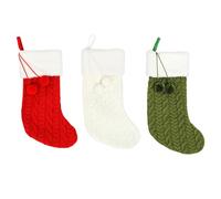 3 medias de Navidad de punto, 8.7 x 15.7 pulgadas con trabillas para colgar y pompones, mantel de vacaciones y decoración de árbol para fiestas familiares