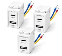3 Módulos de Alimentación USB 220V a 5V 2,1A, USB-A USB-C, Cable Trasero | Fuente USB empotrable compacta; para muebles, pared, oficina, taller y proyectos DIY, uso interior con protección integrada