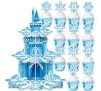 3 niveles azul copos de nieve pastel estante, fiesta temática de castillo, estante de postres, artículo de cumpleaños de princesa, decoración de fiesta de niña, suministros de invierno, copos de nieve
