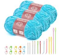 3 ovillos de 100 g (3 x 80 m) de chenilla, hilo de terciopelo para tejer y ganchillo con agujas de ojo grande, chenilla suave para ropa, mantas, bolsos, suéteres, proyectos de punto de bricolaje (azul