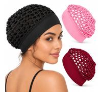 3-Pack Stretchy Wide-Edge Sleeping Caps for Women, Crochet Snood Hair Nets | Polyester Knit Hair Cover • Wide Elastic Band • Lightweight Snood Style • Sleep, Skincare, Makeup & Home Use