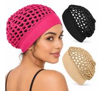 3-Pack Stretchy Wide-Edge Sleeping Caps for Women, Crochet Snood Hair Nets | Polyester Knit Hair Cover • Wide Elastic Band • Lightweight Snood Style • Sleep, Skincare, Makeup & Home Use