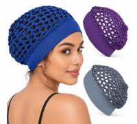 3-Pack Stretchy Wide-Edge Sleeping Caps for Women, Crochet Snood Hair Nets | Polyester Knit Hair Cover • Wide Elastic Band • Lightweight Snood Style • Sleep, Skincare, Makeup & Home Use