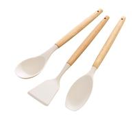 3 PAGEN Juego de utensilios de cocina de silicona con asas de madera de haya, juego de 3 utensilios de cocina, color blanco, juego de cucharas, accesorios de cocina para cocinar, fácil de limpiar, de