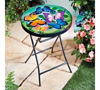 3 Pagen Mesa de jardín redonda LED con forma de mariposa, mesa auxiliar solar plegable de metal y cristal con mariposas coloridas, mesa de balcón con tapa de cristal, mesa pequeña con iluminación