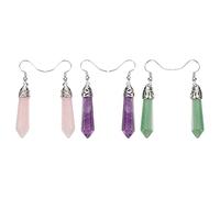 3 Pairs Quartz Stone Dangle Real Natural ing Point Crystal Chakra Gemstone Drop Earring Fashion Jewelry Hoop Earrings for Women Girls Party Pink Purple Green