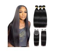 3 paquetes con cierre 4x4, pre-arrancados con pelos de bebé, paquetes de cabello humano liso con cierre, trama doble, cabello virgen brasileño Quick Weave(30 30 30 Closure 22)