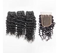 3 Paquetes de Cabello Humano Rizado en Onda Profunda con Cierre de Encaje 4X4, Cabello Humano Doble Seleccionado, Extensiones de Tejido Rizado Corto Brasileño No Procesado,10 12+10(4x4)