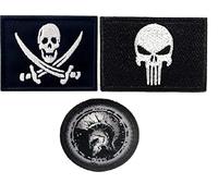 3 Parches Bandera Punisher, Escudo Espartano Calavera con Espada Pirata, 100% Bordado, velcro