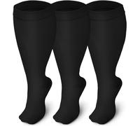 3 Pares de Calcetines de Compresión de Talla Grande (20-30 mmHg) para Mujeres Y hombres, Medias de Pantorrilla Ancha Extra Grandes Hasta la Rodilla (FR/ES, Letras, XXL, Grande, Regular, Negro)