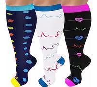 3 Pares de Calcetines de Compresión de Talla Grande (20-30 mmHg) para Mujeres Y hombres, Medias de Pantorrilla Ancha Extra Grandes Hasta la Rodilla (FR/ES, Letras, 4XL, Grande, Regular, Multicolor-1)