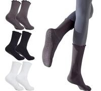 3 pares de calcetines de pilates con agarres antideslizantes con volantes, calcetines de yoga para ballet, baile, entrenamiento descalzo, calcetines para embarazadas, 3 pares: negro, blanco y gris,