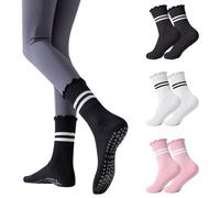 3 pares de calcetines de pilates con agarres antideslizantes con volantes para mujer, calcetines de agarre para barré, ballet, baile, descalzo, entrenamiento, gimnasio, 3 pares: negro, blanco y rosa,