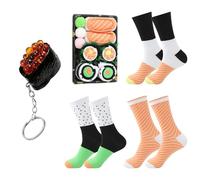 3 Pares De Calcetines Y 1 Llavero, Divertido Patrón De Sushi, Cómodos Calcetines De Algodón, Ropa Adecuada para El Uso Diario, Pequeños Regalos Creativos.