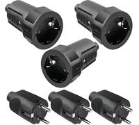 3 pares de conectores Schuko de acoplamiento: 250 V 16 A IP54 de goma Schukokupplung Set, protección de contacto, 2 polos exterior, resistente al agua negro Schuko enchufe y acoplamiento de goma sin