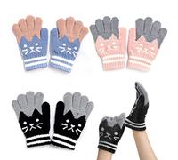 3 pares de lindos guantes de gato con forro de felpa, guantes de punto de invierno, guantes de esquí, guantes cálidos, guantes de dibujos animados, adecuados para niños. (azul claro, rosa, negro)